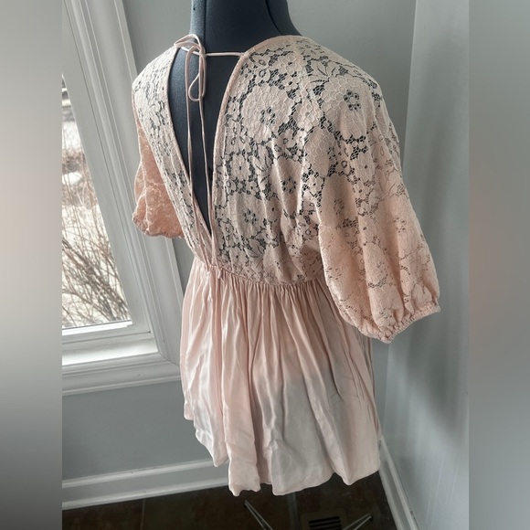 Aakaa Womens Juniors Sz A Mini Lace Boho Pale Pink  V-Neck Kaftan Mini Dress - Picture 16 of 16
